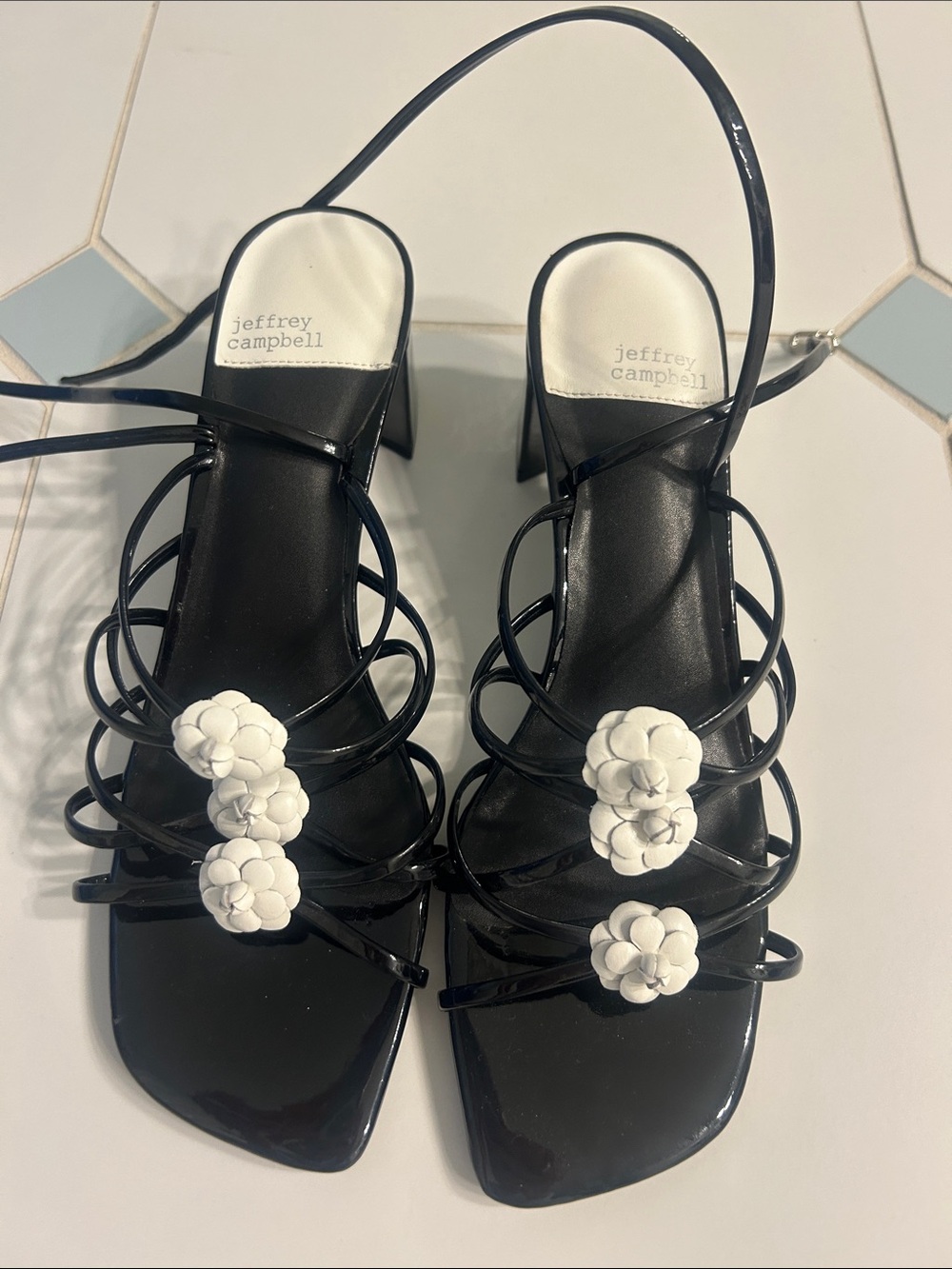 Jeffrey Campbell Black Strappy Heels with White Floral Appliques